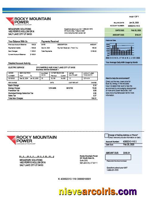 USA Utah Rocky Mountain Power electricity business utility bill